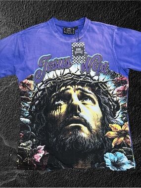 Rebel Vengeance Jesus Wept Rhinestone Sun Faded Graphic Tee Men's Size L NWT